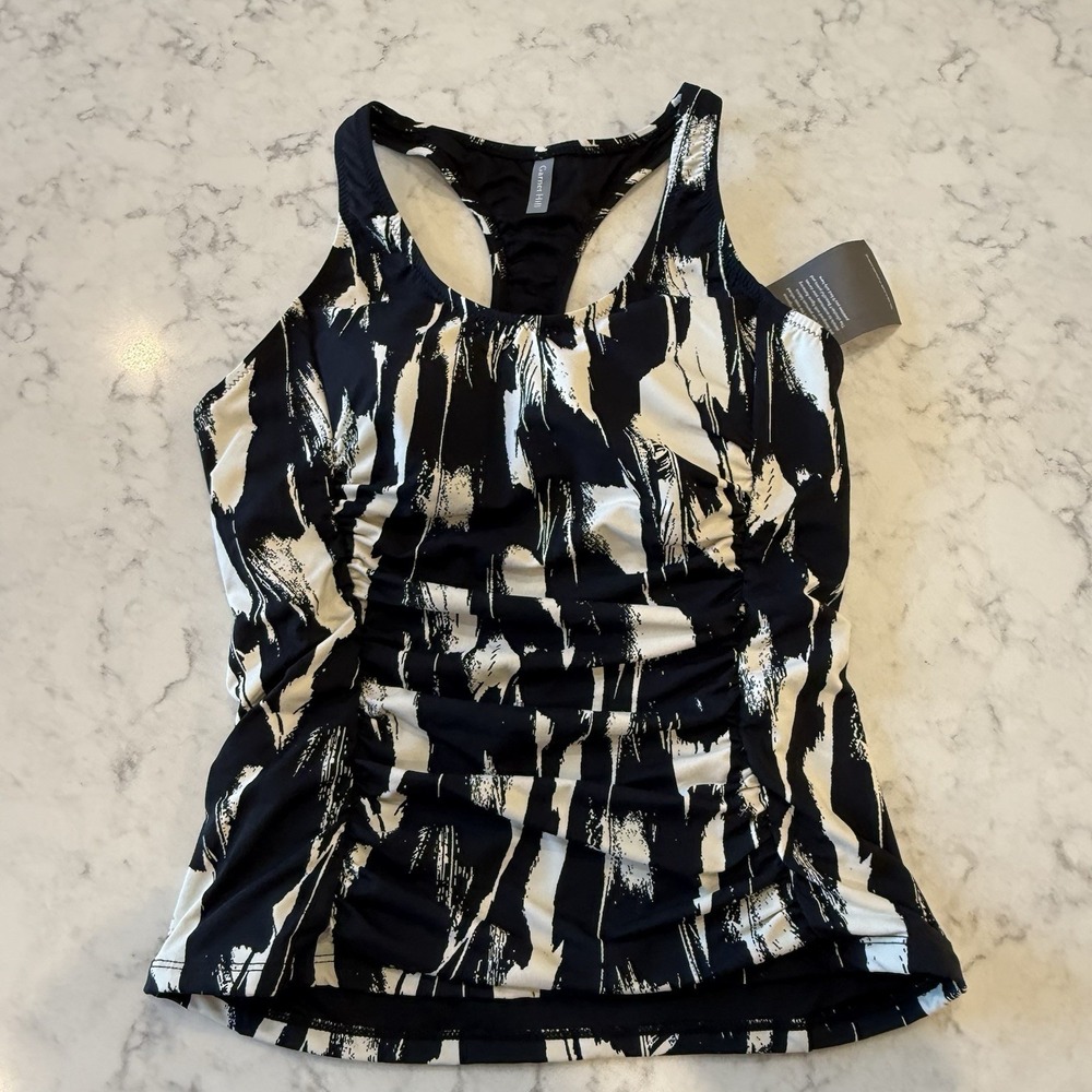 Garnet Hill Size 10 Swim Tank Black Ivory Side Rouching